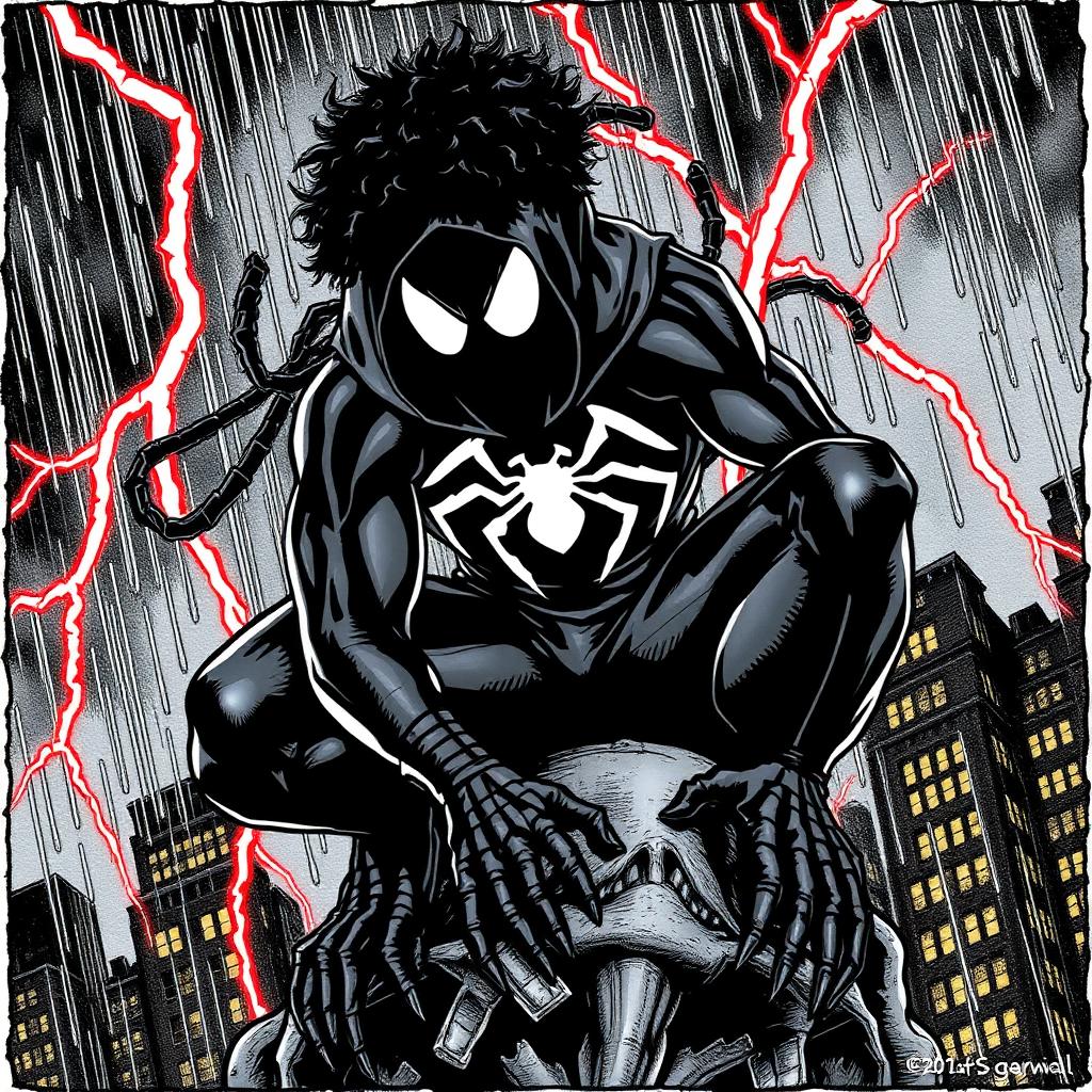 Black symbiote slithers up Zachary's arm as it transforms his suit