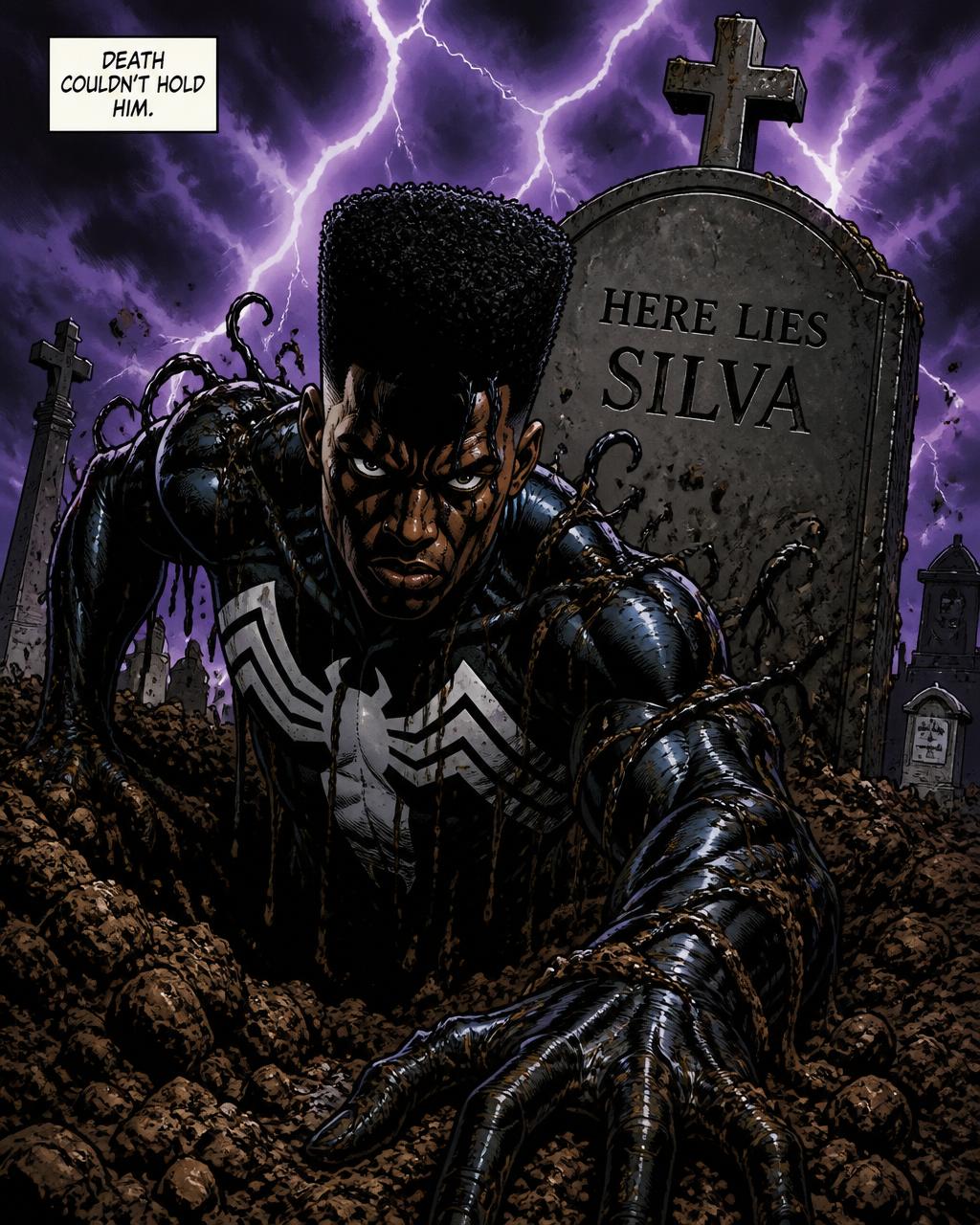 Zachary in a glossy black symbiote suit clawing out of his own grave under purple lightning, gravestone reading HERE LIES SILVA