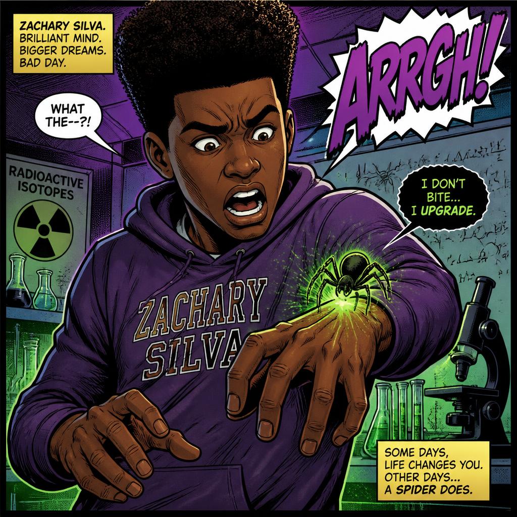 Zachary Silva being bitten by a radioactive spider in a lab