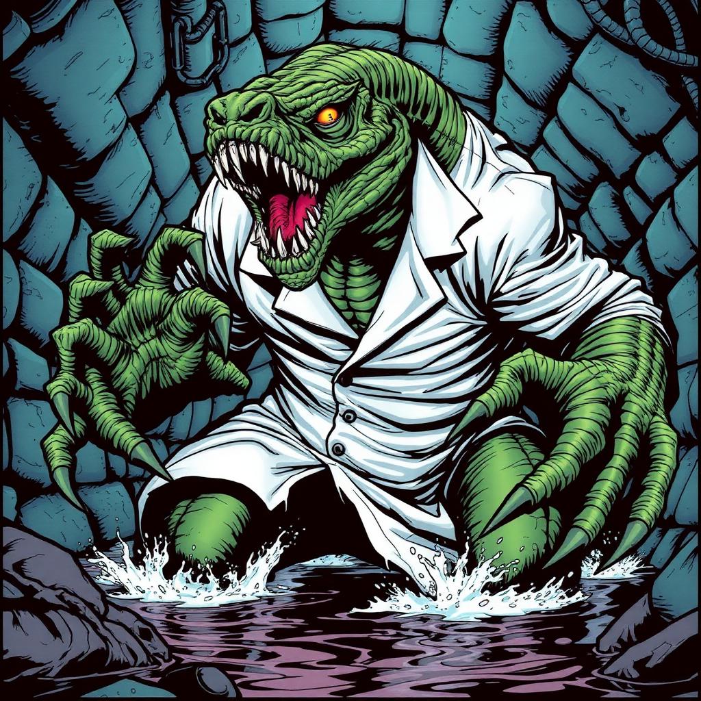 A massive green reptilian creature in a torn lab coat in the sewers