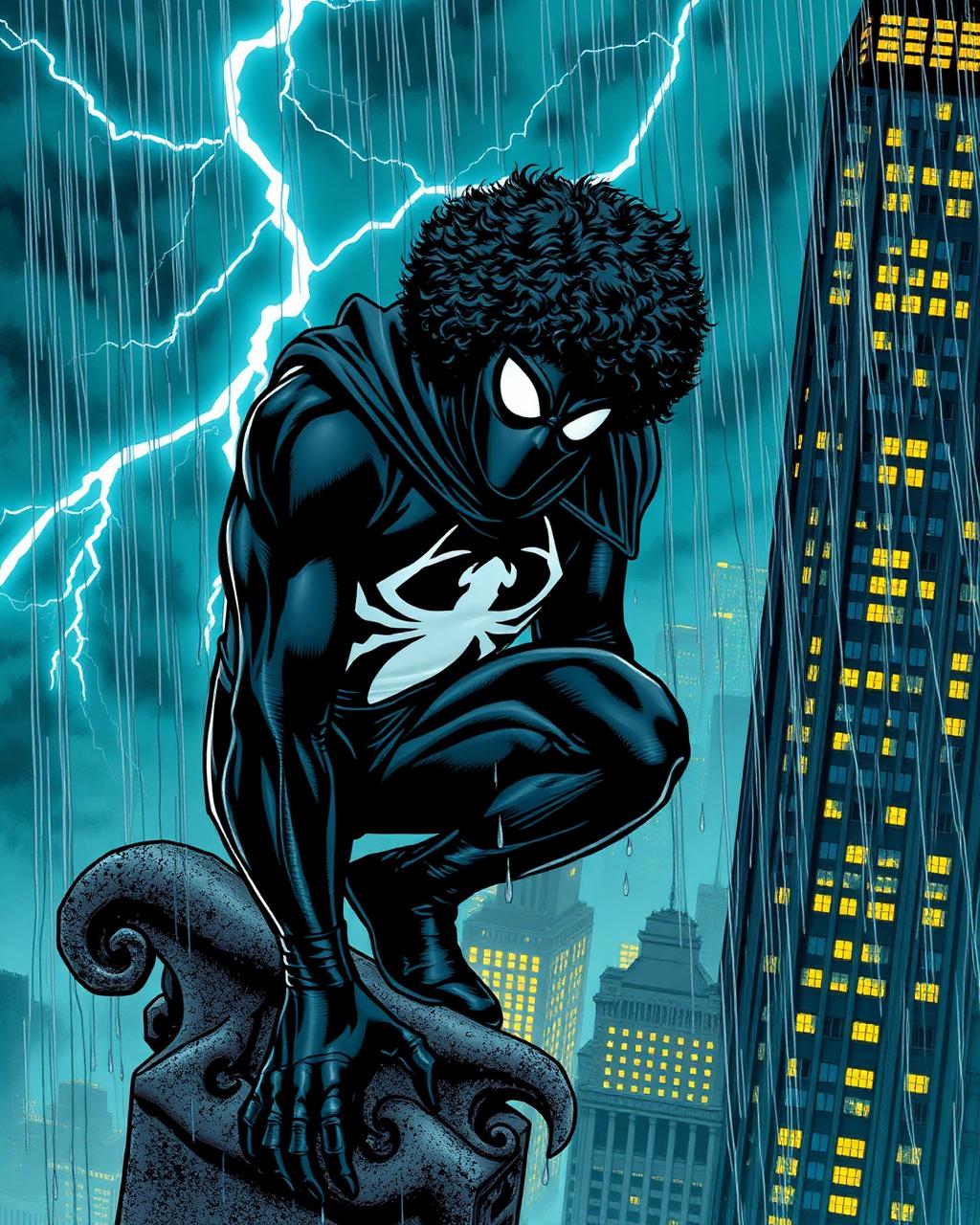 Shadow Spider in his black symbiote suit crouched on a stone gargoyle ledge in heavy rain over Brooklyn