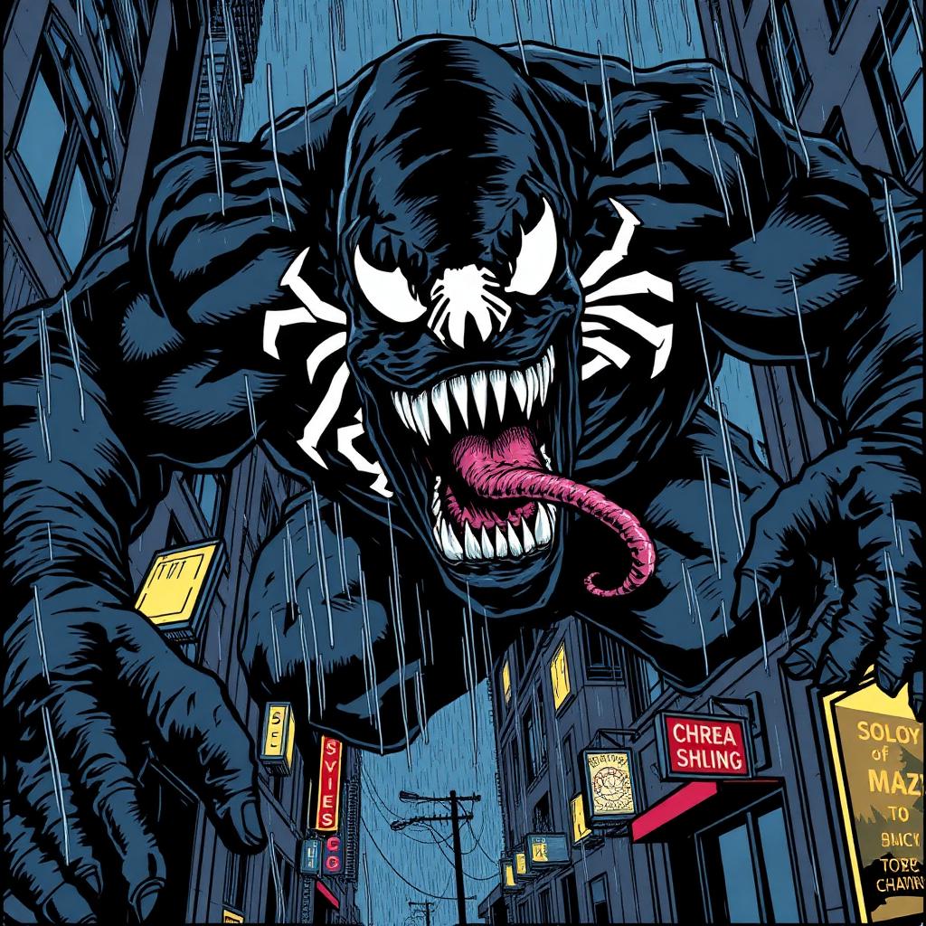 A monstrous black creature with fanged grin and long tongue looms over an alley